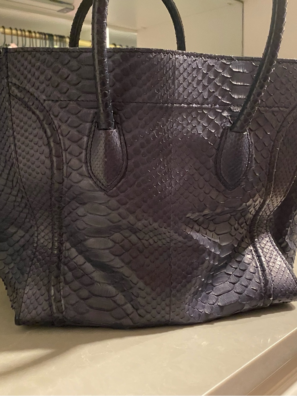 Celine Navy Python-Embossed Tote with Braided Tassel - Picture 2 of 3